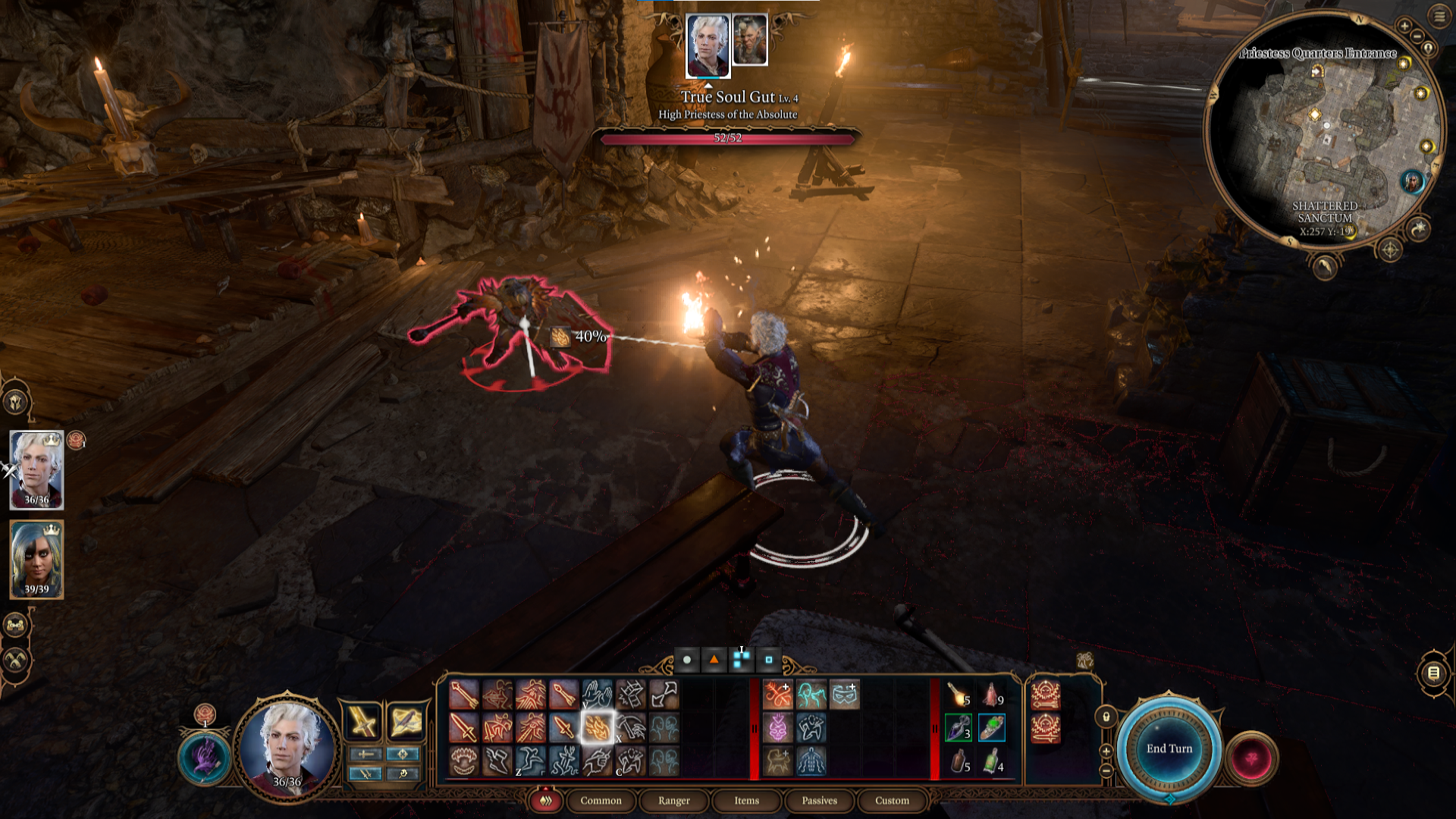 A screenshot of Astarion fighting against True Soul Gut in the Shattered Sanctum.