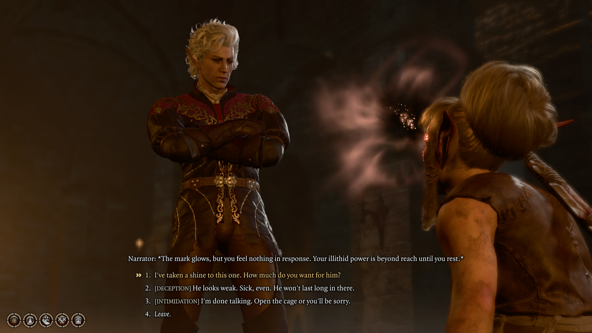 A screenshot of Astarion talking to Goblin Gribbo in the Shattered Sanctum.