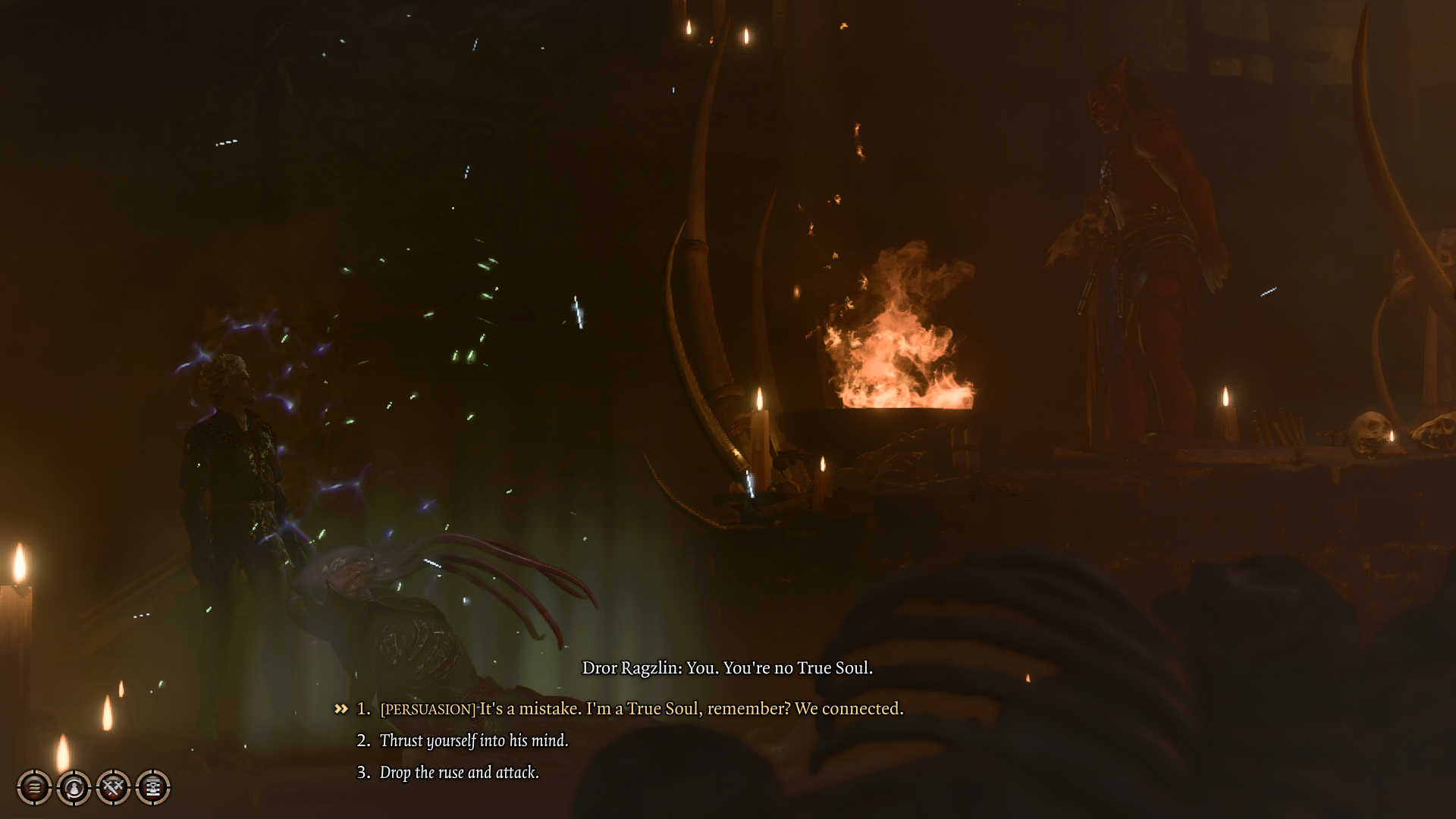 A screenshot of a conversation between Astarion and Dror Ragzlin in the Shattered Sanctum.